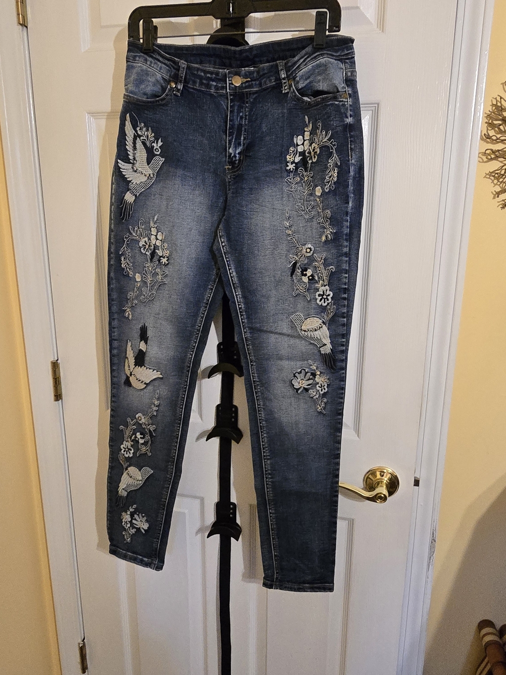 Tempo Paris Dark Wash Skinny Jeans with Bird & Floral Embroidery